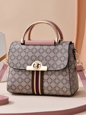 Others Follow Pink-Trim Monogram Satchel with Striped Webbing